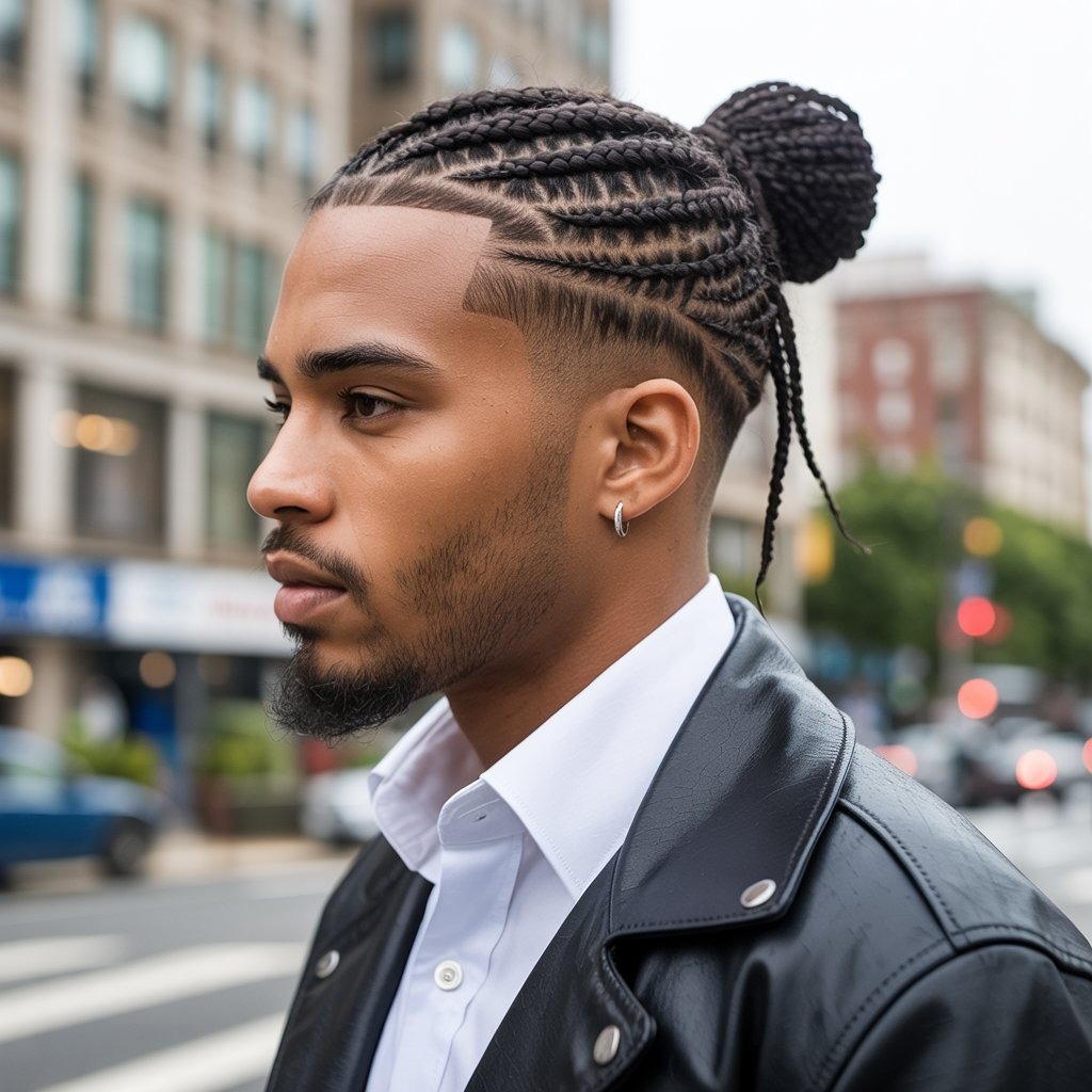 Trendy male with box braids tied into a bun or loose, high top fade, urban backdrop – edgy braided hairstyle for men.