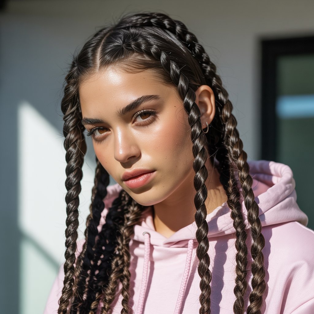 Bold hairstyle with thick, chunky twist braids, natural shine, trendy oversized hoodie, soft shadows – textured braid focus in close-up.