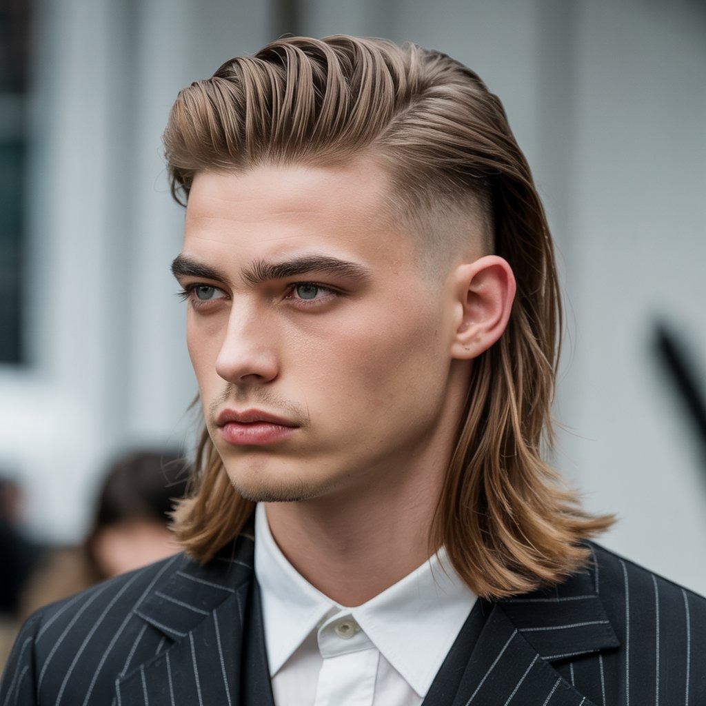 Male model with long straight hair on top and faded sides, styled upward, sleek fashion look – editorial barbershop trend portrait.