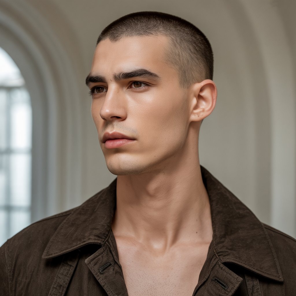 Fashion-forward male model with a clean zero cut (completely shaved head), sharp jawline, minimalistic outfit, soft lighting, neutral background – editorial men’s grooming style.