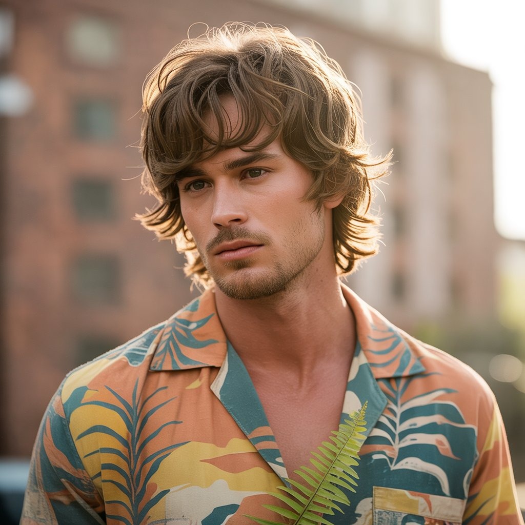 Male model with tousled, layered shag haircut, fringe touching eyebrows, wearing vintage shirt – 70s inspired modern comeback style.