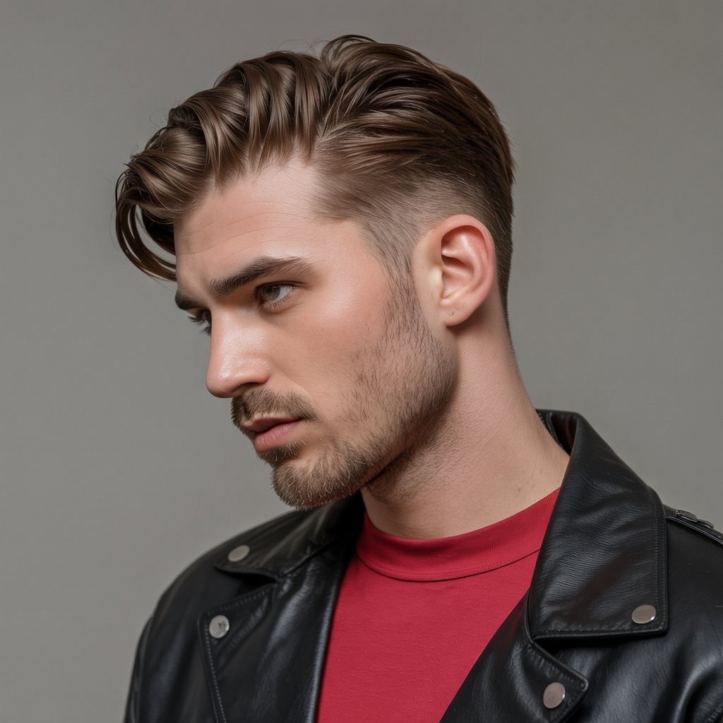 Man with a classic mullet updated with clean razor fade on the sides, bold outfit, side angle – retro-modern hairstyle reinvention.