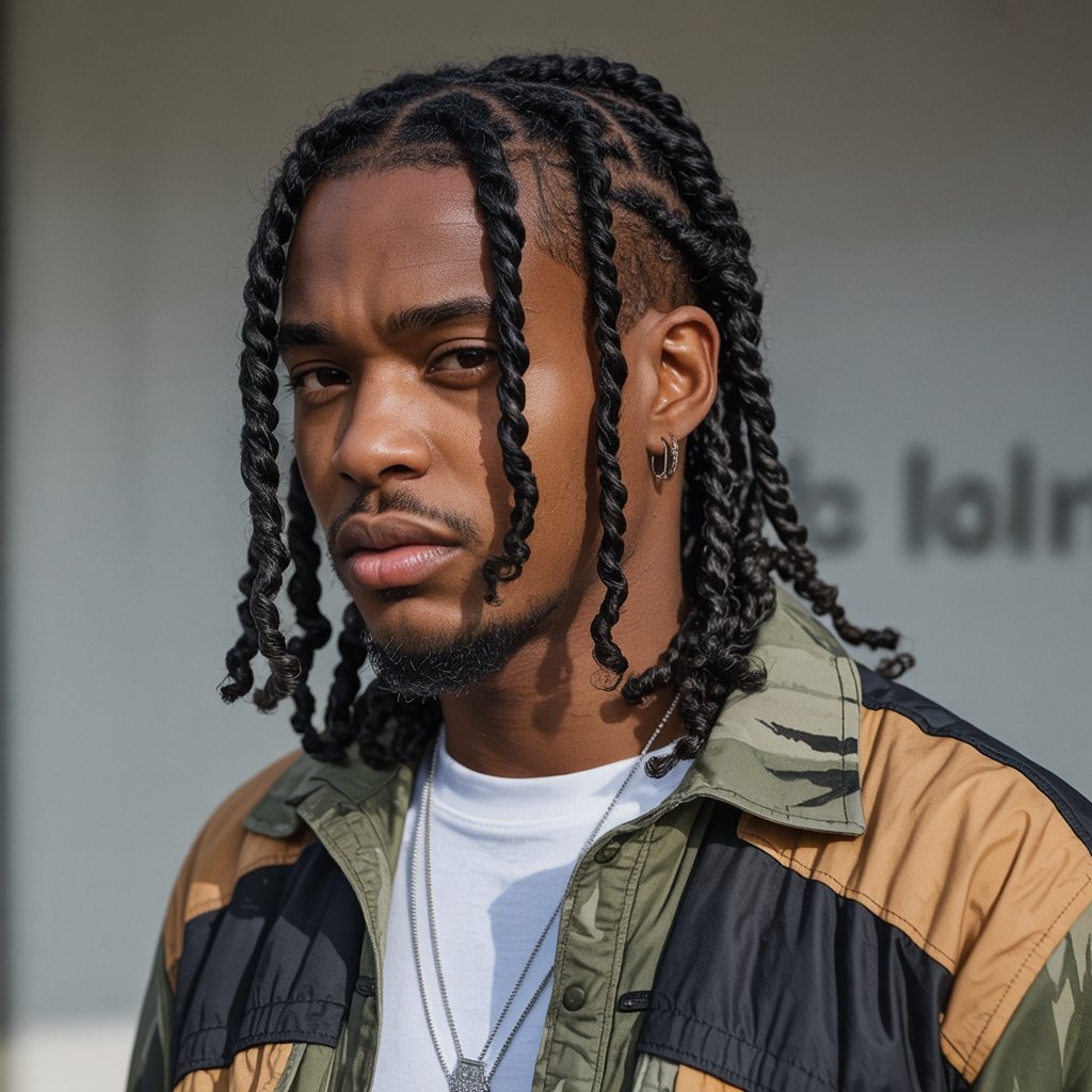 Detailed portrait of a Black male model with ultra-thin micro braids, mid-length, hanging loose or tied in low ponytail, modern jewelry and soft fabric shirt – clean braid rows highlighted, intricate texture focus.