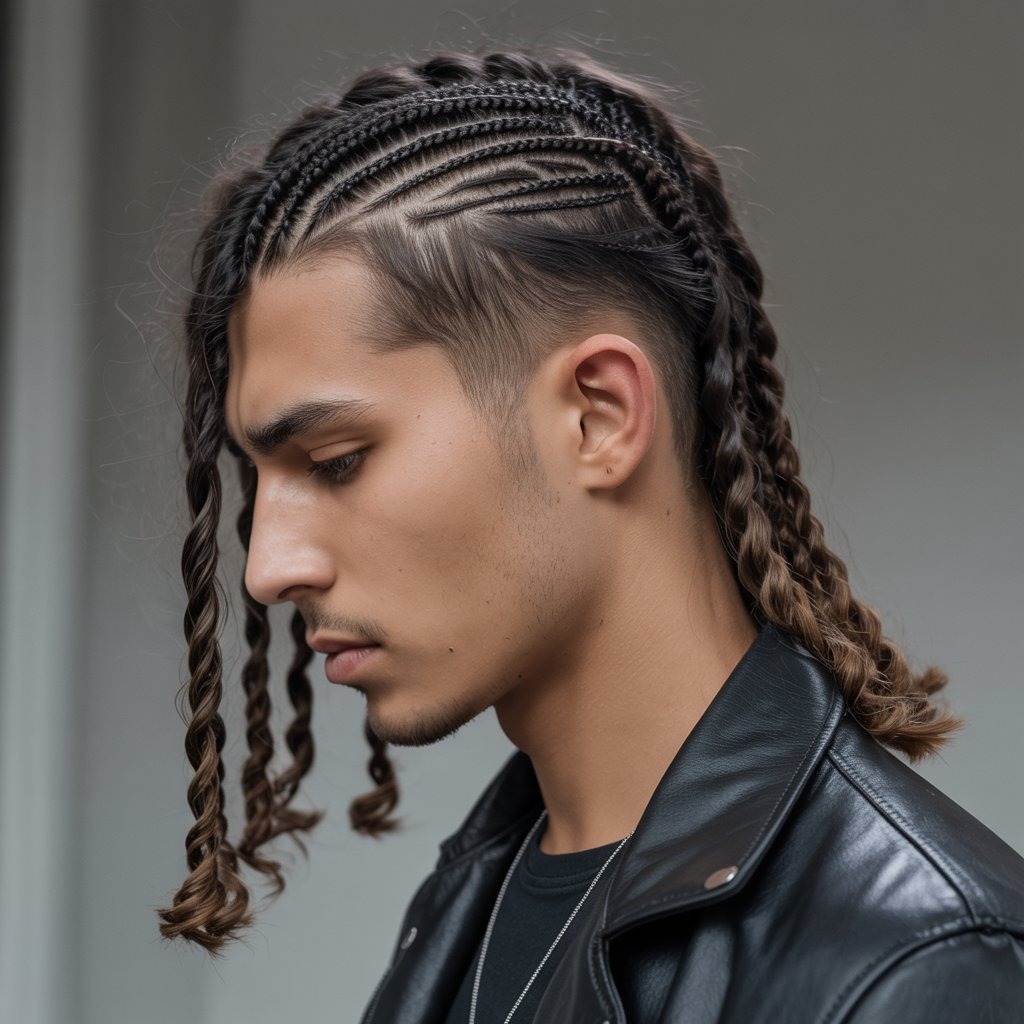 Long twist braids on top with sharp undercut sides, futuristic urbanwear, studio lighting – bold contrast of length and structure.