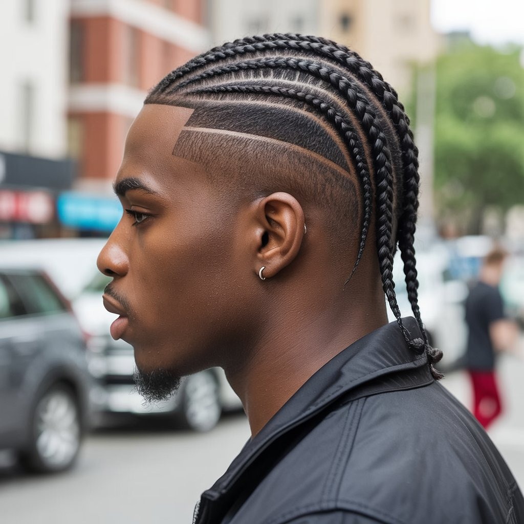 Black male with straight back cornrows and faded sides, sharp lines, wearing trendy streetwear – modern cornrow hairstyle with fade details.