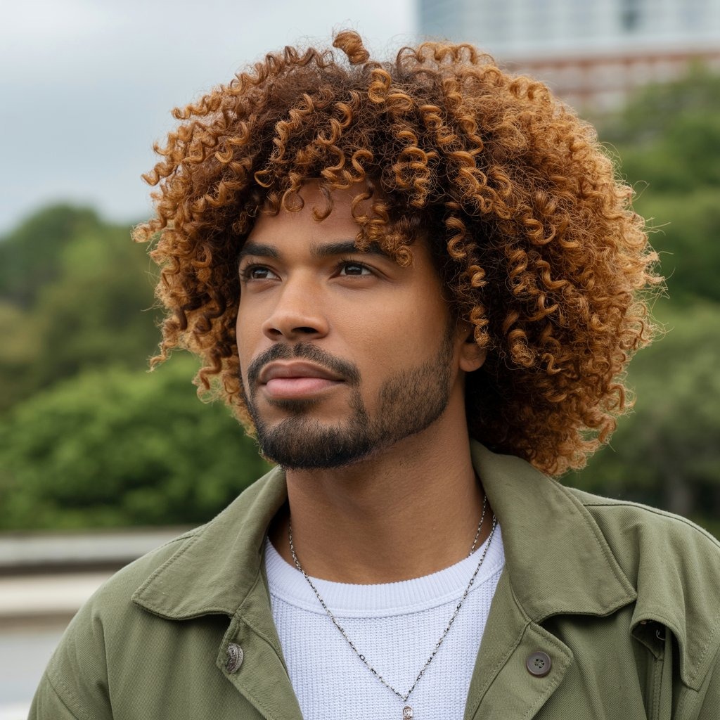 Black male model with voluminous long curly afro, casual stylish outfit, natural outdoor lighting, confident expression – afro hair spotlight photography.