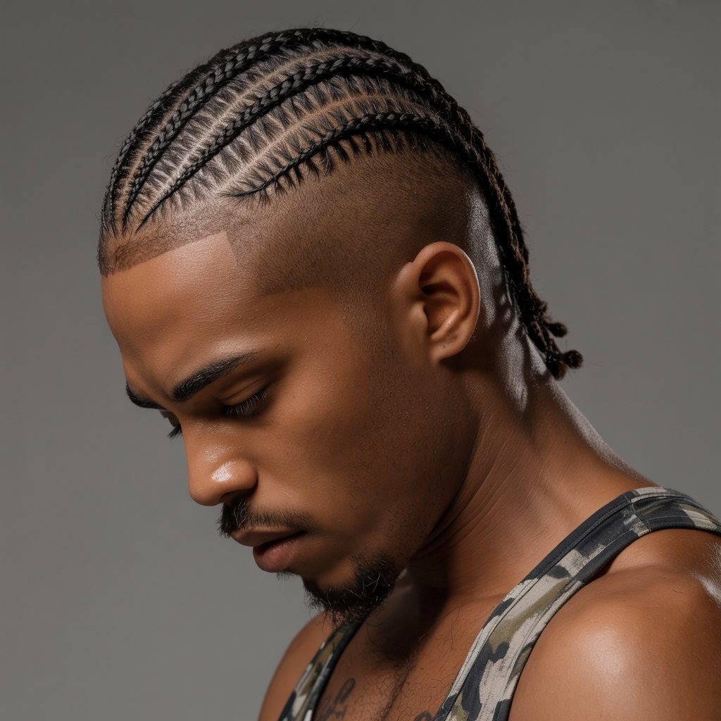 Black male model with a high top fade and defined short twists on top, geometric haircut lines, wearing retro streetwear jacket, vibrant background – fusion of old-school and new-school men's hair trend.