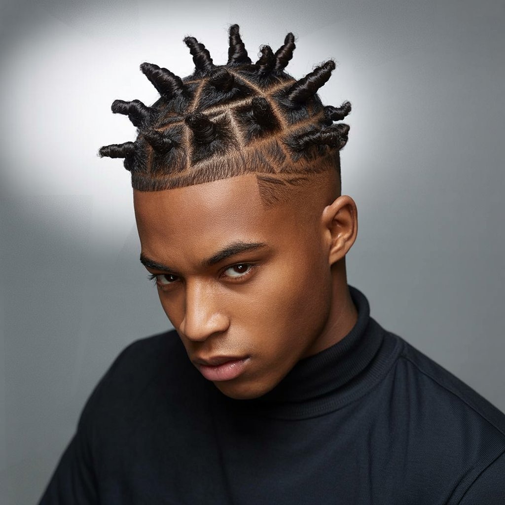 Twists sculpted into a symmetrical design with a low fade, barbered edges, modern outfit – defined shape-focused hairstyle image.