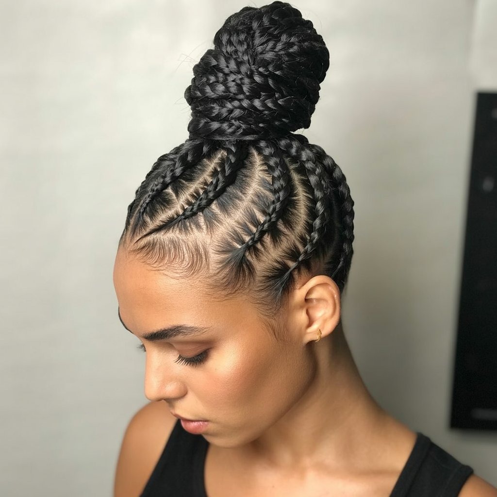 Twist braids tied into a high top knot bun, clean scalp sections, minimal outfit – artistic updo with detailed twist parting.