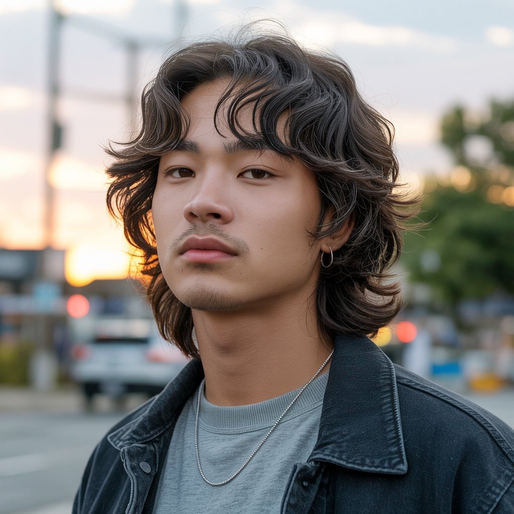 Young male model with medium-length wavy hair parted down the middle in curtain bangs, casual streetwear look, soft sunset lighting – Korean-inspired hairstyle shoot.