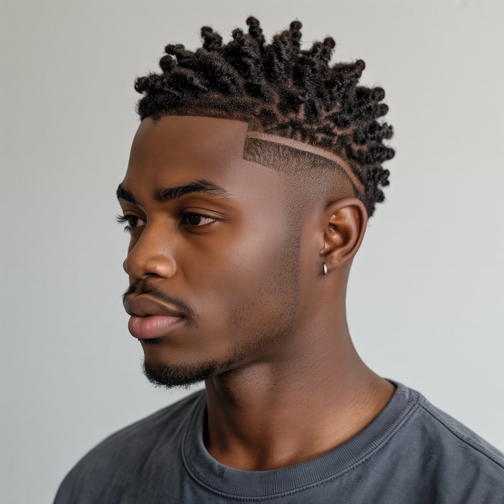 Young Black man with natural curls styled into a forward fringe and paired with a skin fade, minimal beard, urban jacket, clear sunlight – fresh curly hairstyle framing the forehead for a youthful, confident vibe.