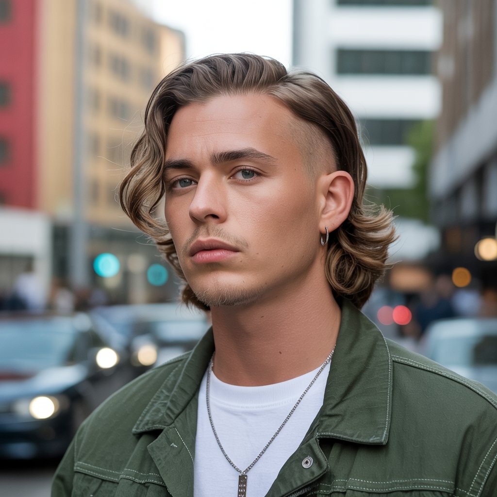 Trendy male with mullet cut, soft waves at the back, short sides, wearing retro streetwear, cool background vibe – modern mullet hairstyle focus.