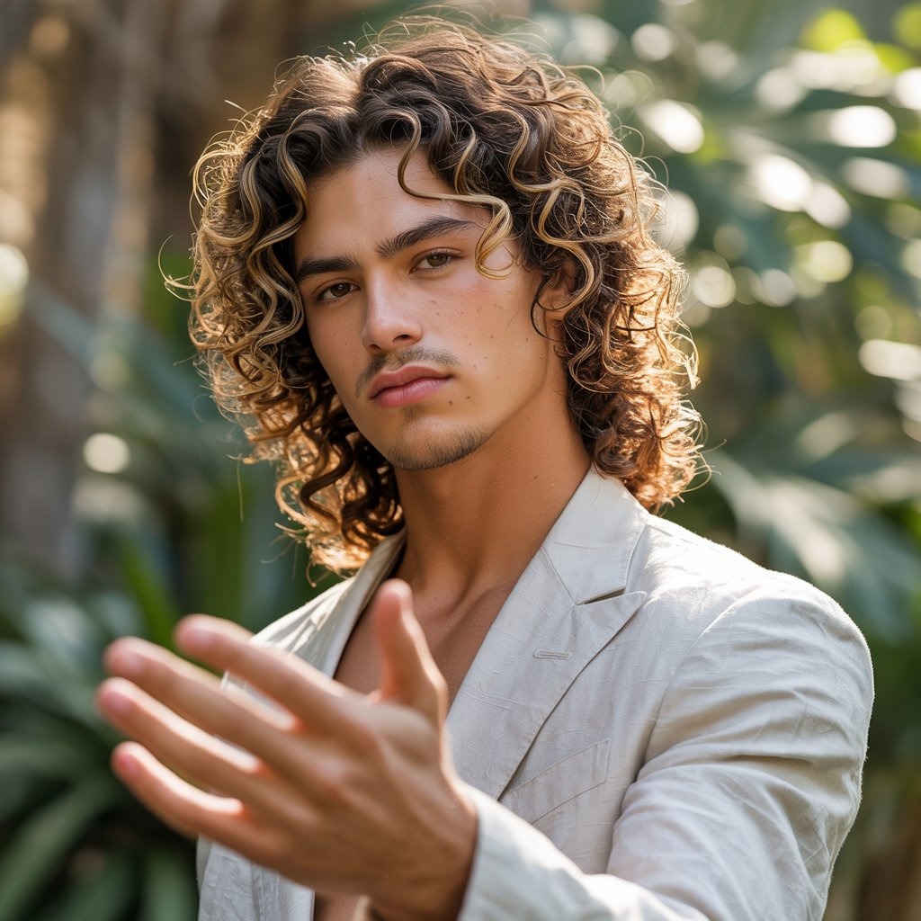 Man with shiny layered curls reaching chest, subtle golden highlights, natural sunlit background, relaxed outfit – high-fashion hair focus.