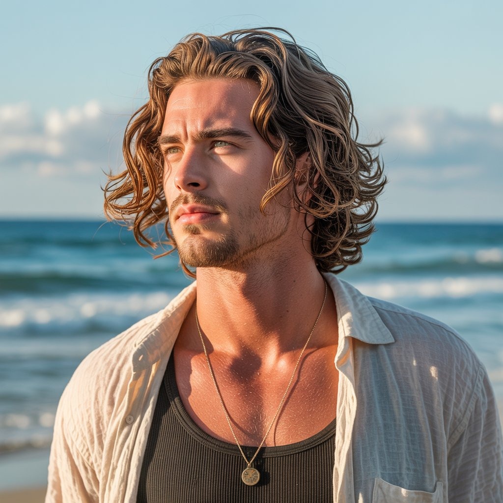 Male with mid-length loose beach waves, sun-kissed highlights, wearing open shirt or tank top, beach or golden hour lighting – carefree summer hair look.