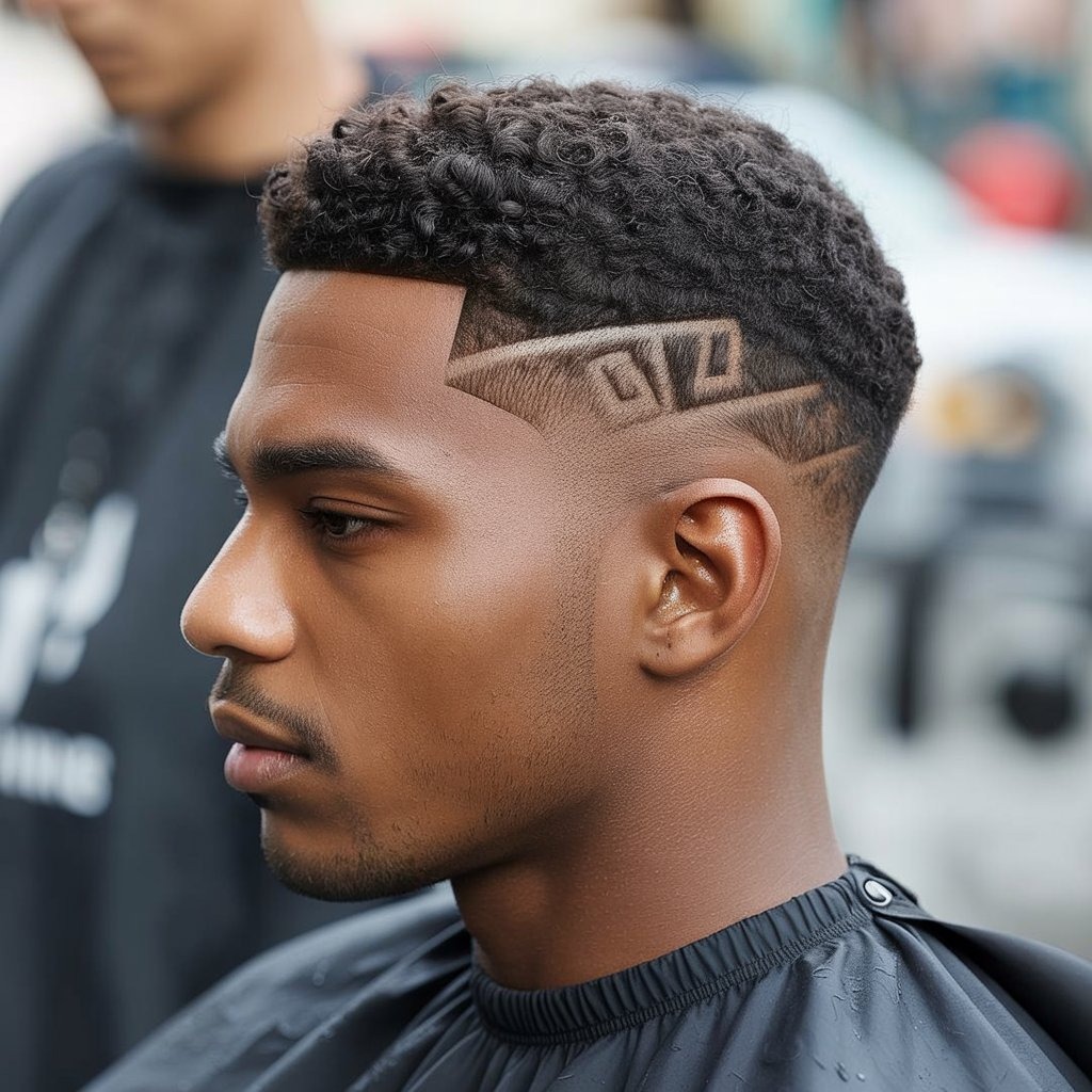 Man with a neat low taper fade and intricate line design on the side, short top, sports-casual vibe – close-up profile with hairline detail.