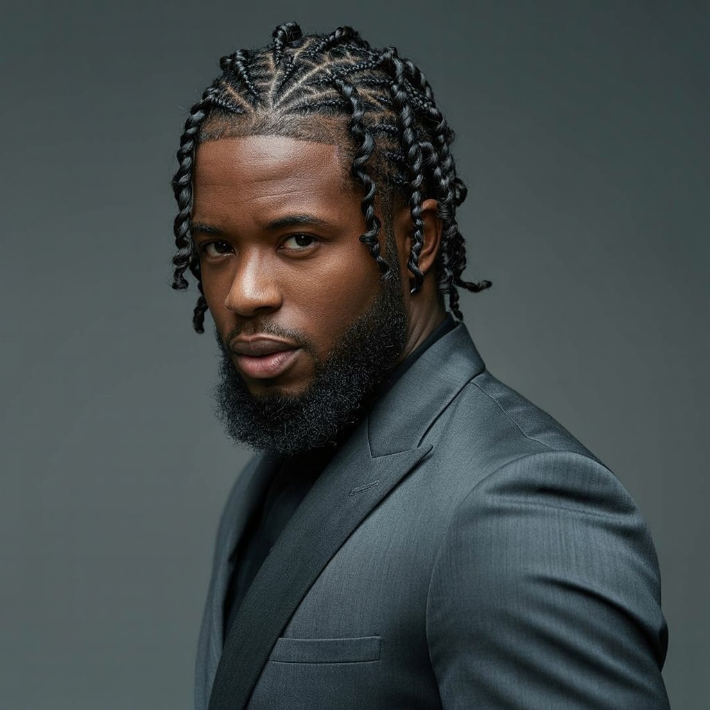 Twist braids paired with a perfectly blended beard fade, sharp jawline, modern attire – seamless head-to-beard styling.