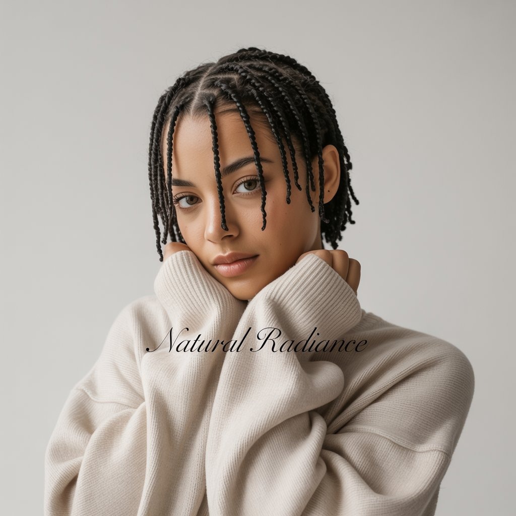 Thin, small-sized mini twists styled uniformly, sharp edge up, cozy outfit – clean protective style with minimalist aesthetic.