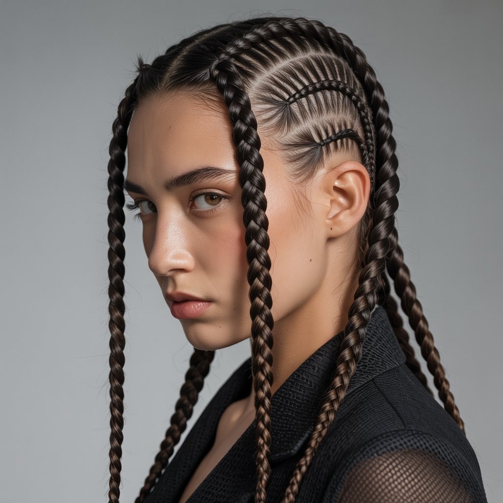Twist braids separated by intricate designer parts and scalp patterns, high-fashion outfit, editorial portrait lighting – bold artistic hairstyle statement.
