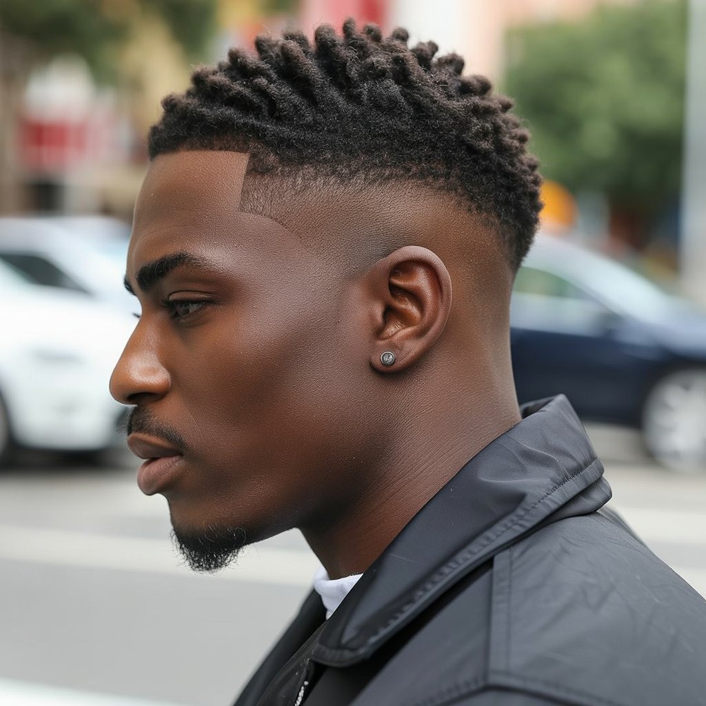 Mid-length twists paired with a clean fade, sharp edge up, minimalistic outfit, confident urban styling – modern twist and fade combination.