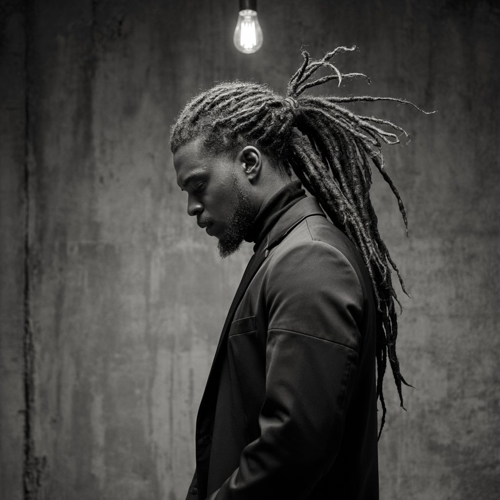 Man with long, well-maintained dreadlocks tied into a back ponytail, urban outfit, moody lighting – powerful dreadlocks profile view.