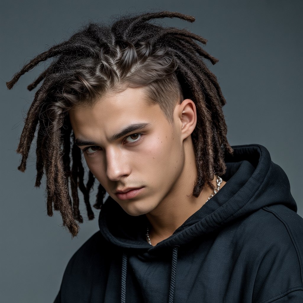 Male model with shoulder-length dreadlocks, half-up style, dressed in urban fashion, soft dramatic lighting – stylish dreadlock hairstyle close-up.