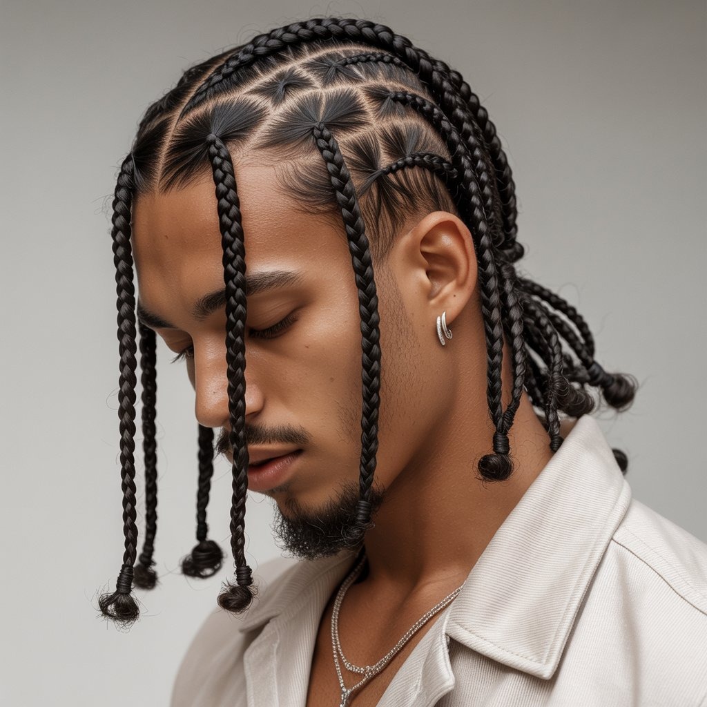 Portrait of a Black male with long, thin Senegalese twists, pulled loosely behind shoulders, subtle beard, wearing layered streetwear with jewelry, editorial backdrop – smooth twist texture with movement and polished vibe.