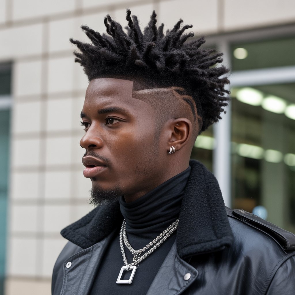 Black male with wide afro mohawk and sharp high fade, bold expression, futuristic fashion outfit – modern afro mohawk editorial.