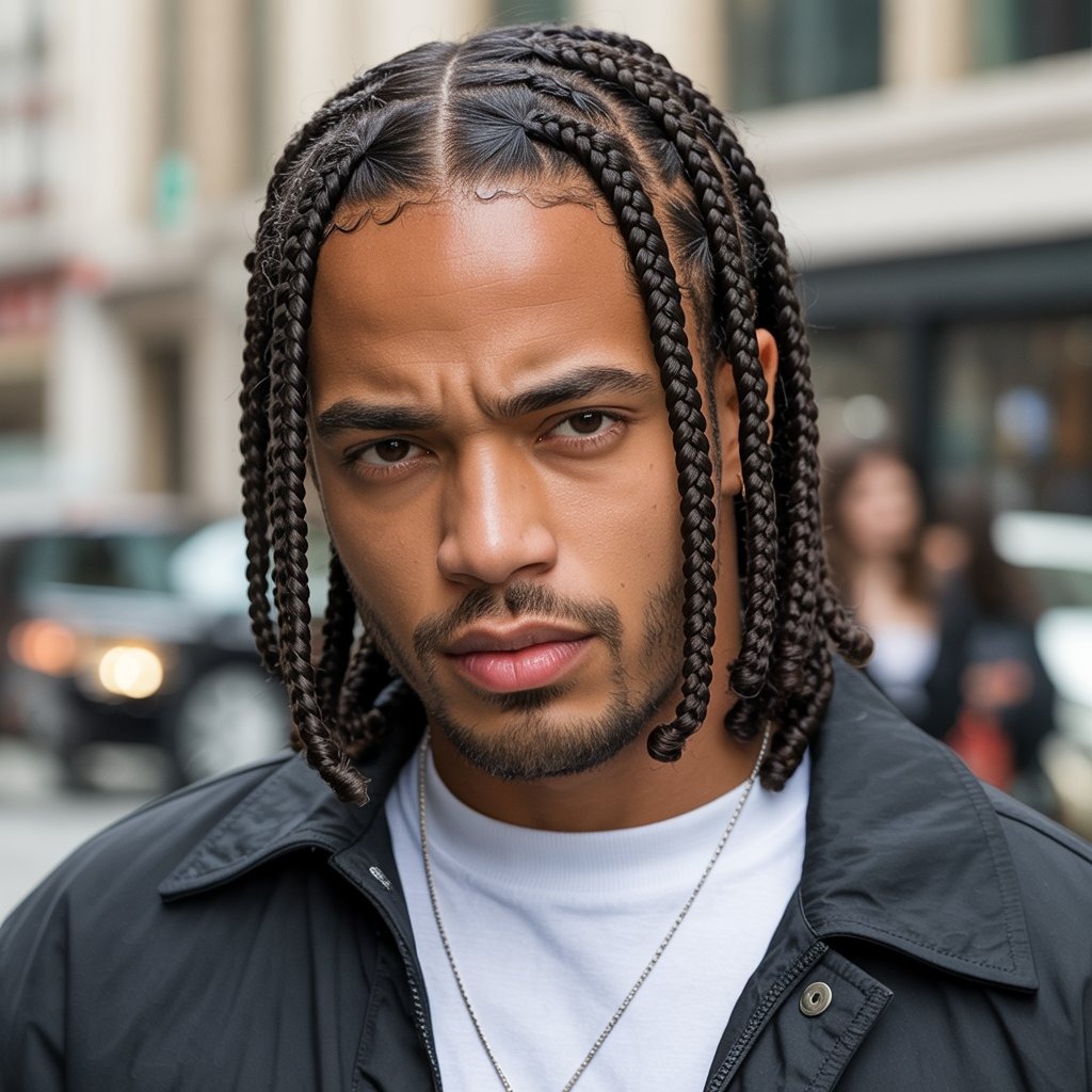 Black man with medium-length box braids, center part, sharp lineup, urban outfit, neutral background – classic box braid hairstyle with confident expression.