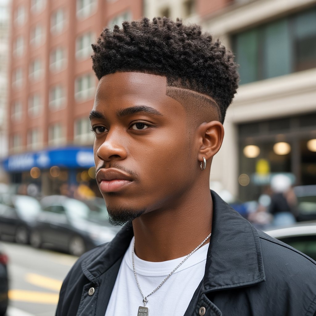 Young Black man with rounded medium afro and clean taper fade on sides, confident expression, bold fashion look – afro taper portrait style.
