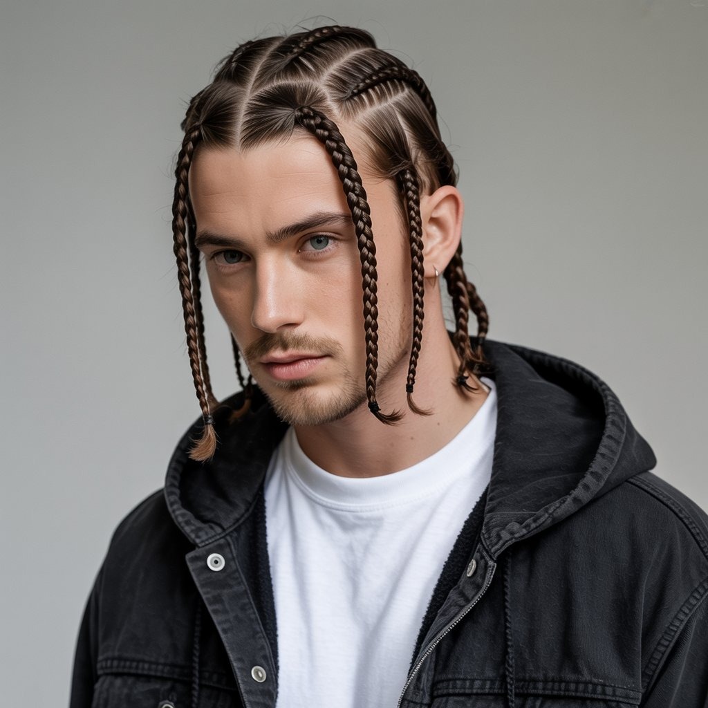 Male model with multiple thin braids down to shoulders, symmetrical styling, monochrome hoodie or shirt – urban braided hairstyle portrait.