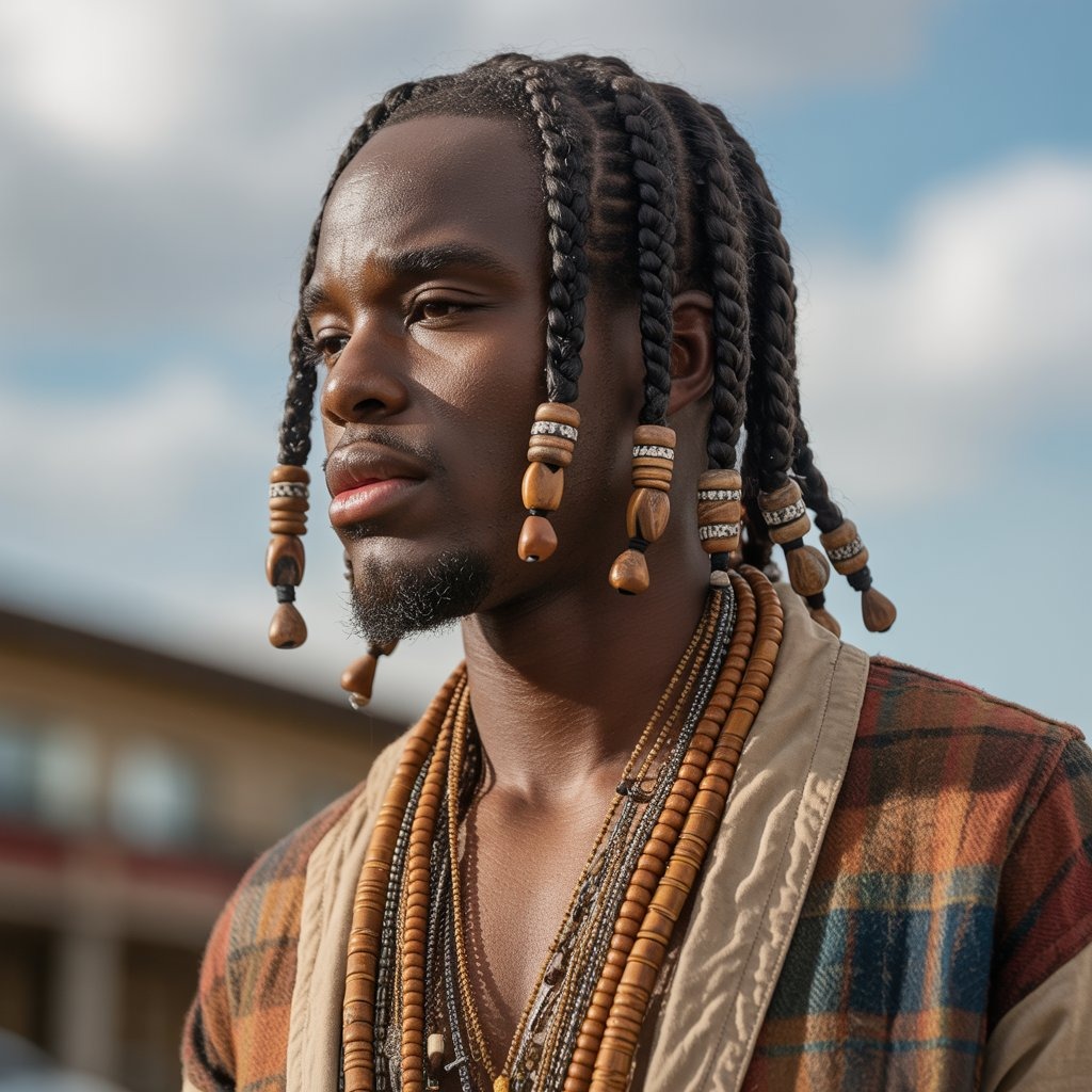 Black male model with shoulder-length faux locs, smooth and uniform in texture, subtle beard fade, dressed in layered streetwear or oversized sweater – protective faux locs with fashion-forward presence.
