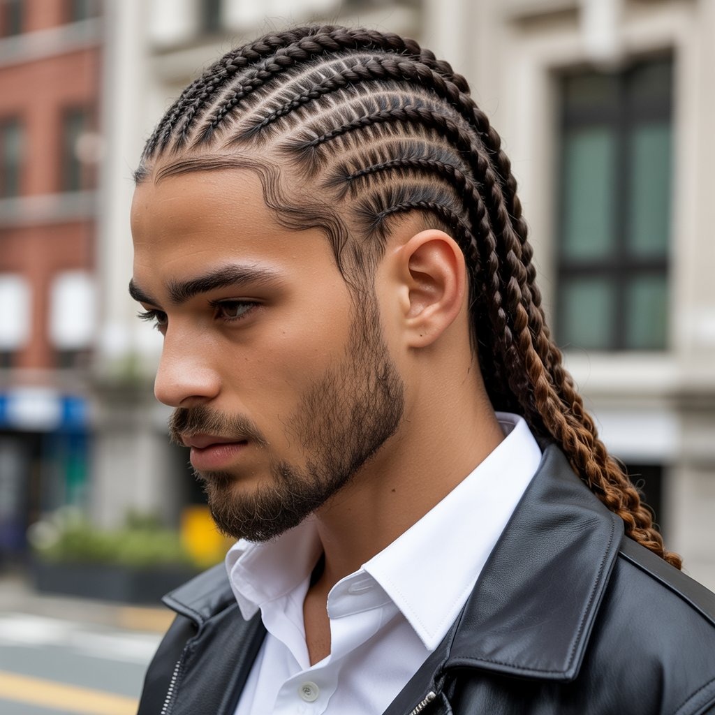 Black man with medium-length box braids, center part, sharp lineup, urban outfit, neutral background – classic box braid hairstyle with confident expression.
