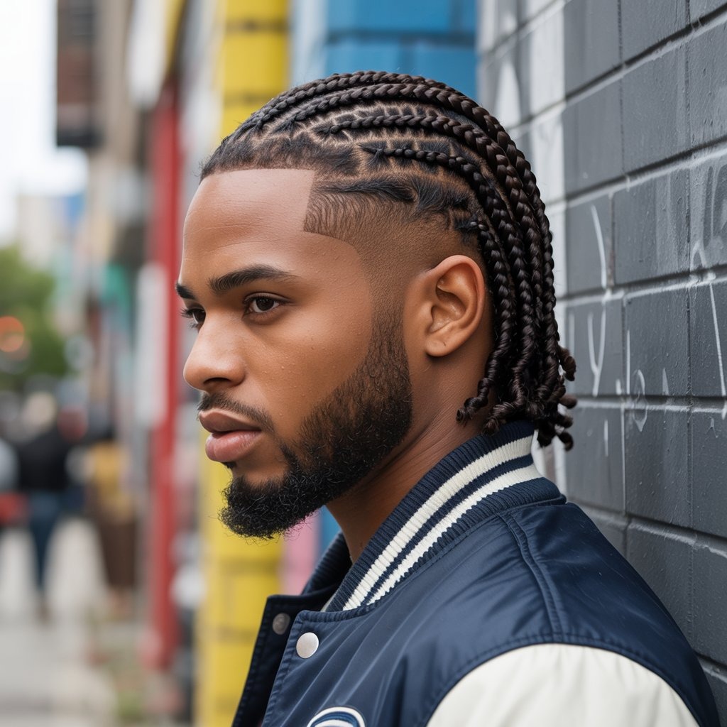 Male model with long braids pulled into a sleek ponytail at the back, high fade or undercut, wearing a bomber or leather jacket, dramatic lighting – structured braid style with elegant finish.