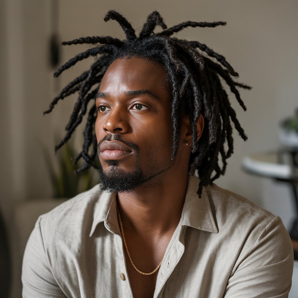 Black man with medium-length two-strand twists and subtle caramel or copper highlights, fade on sides, dressed in a tailored neutral suit, soft portrait lighting – colored twist accents enhancing depth and modern flair.