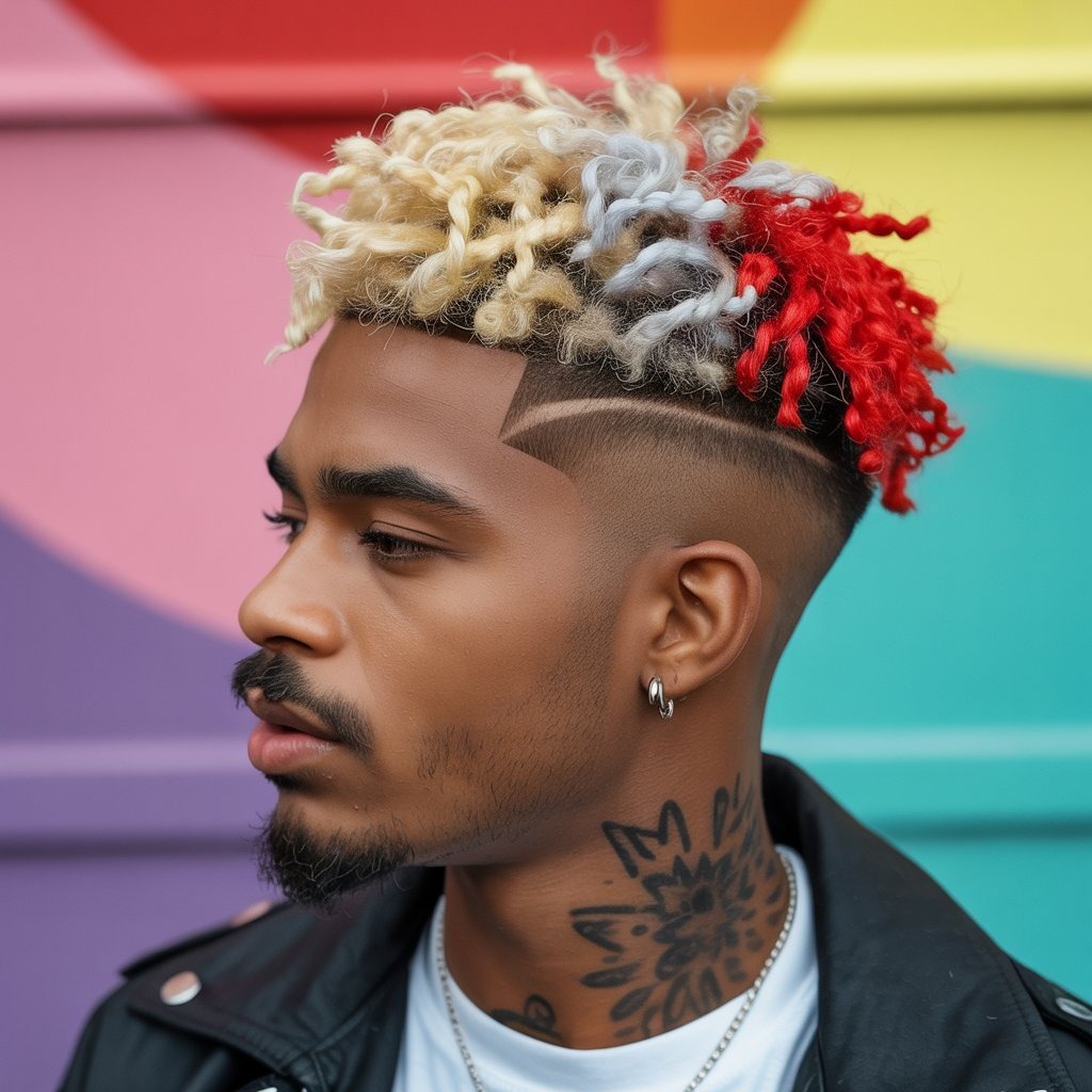 Male with brightly colored twists (e.g. blonde, red, silver), paired with fade or undercut, vibrant background – striking hairstyle with fashion flair.