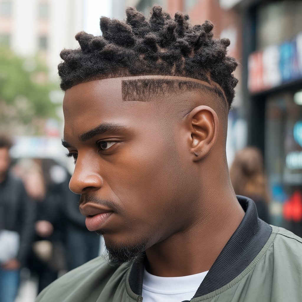 Editorial portrait of a Black man with crown-style braids wrapped around the head in a circular halo, detailed scalp parting, wearing a modern monochrome outfit – regal and artistic braid styling, perfect for high-fashion presentation.