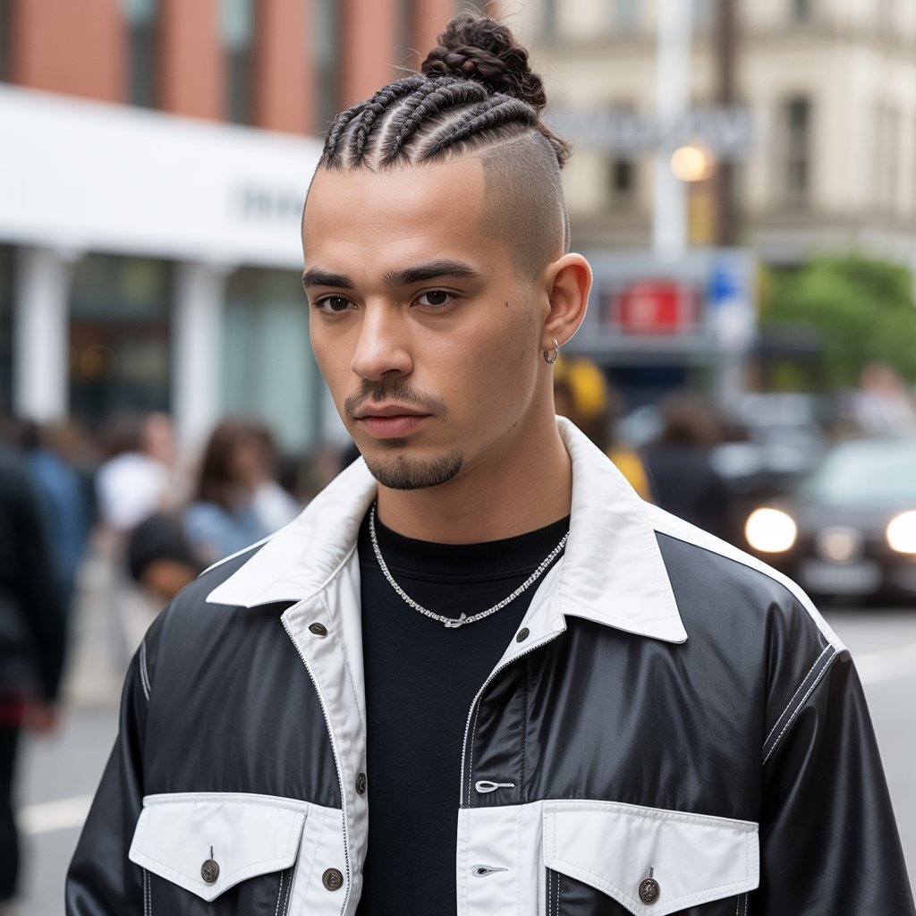 Male model with braids pulled back into a top knot, clean shaved sides, wearing monochrome streetwear – focused top knot braided hairstyle look.