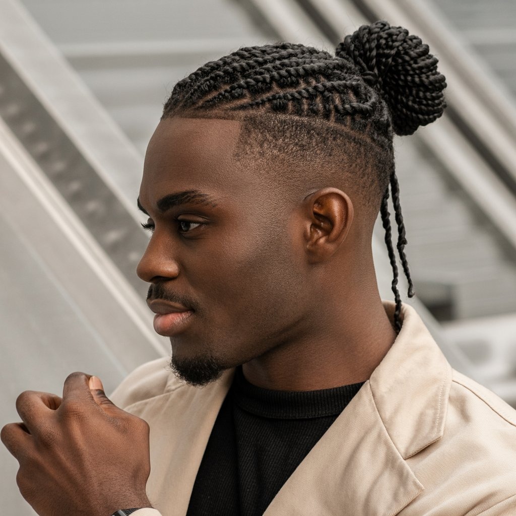 Black man with long twist braids tied into a neat bun at the crown, fade sides, neutral-toned fashion – sophisticated twist updo.