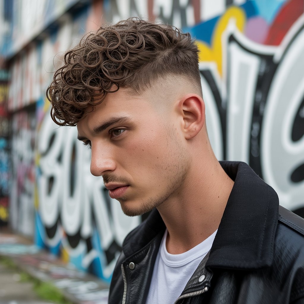 Male model with sharp undercut and dense curly top, urban casual fashion, graffiti wall backdrop – edgy curly hairstyle aesthetic.