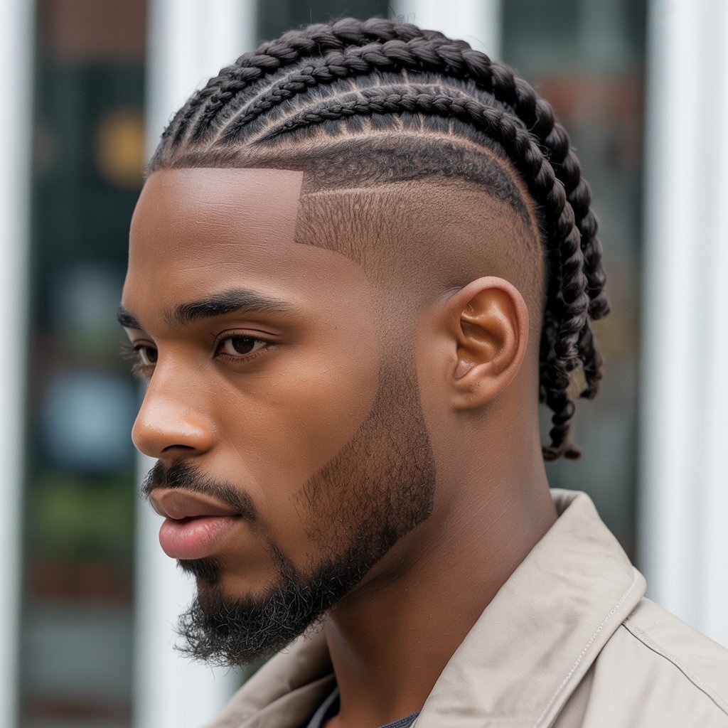 Portrait of a fashionable Black male model with neat, medium-length two-strand twists, clean partings, natural hair texture, paired with a casual streetwear hoodie or denim jacket, soft studio lighting, neutral gray backdrop – modern and timeless twist hairstyle with clear detail on texture and twist definition.