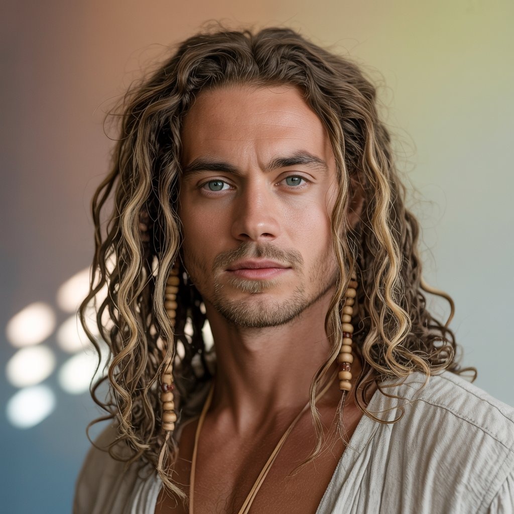Man with long, semi-freeform boho locs with wavy texture, bohemian accessories, natural tones – artistic, earthy hairstyle vibe.