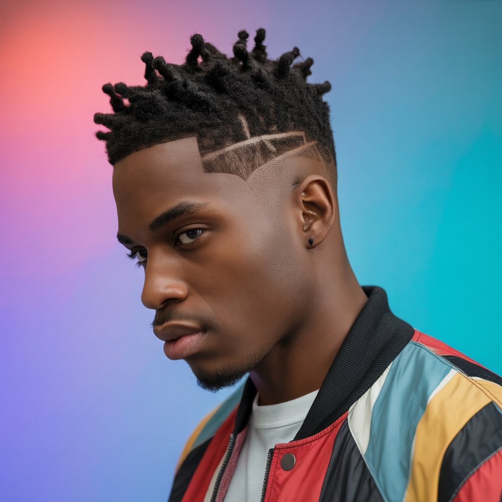 Dynamic portrait of a Black man with braided mohawk – tight braids running along a central strip with shaved sides, wearing a sleeveless urban outfit or tank top, studio with shadowy background – bold and creative hairstyle profile.