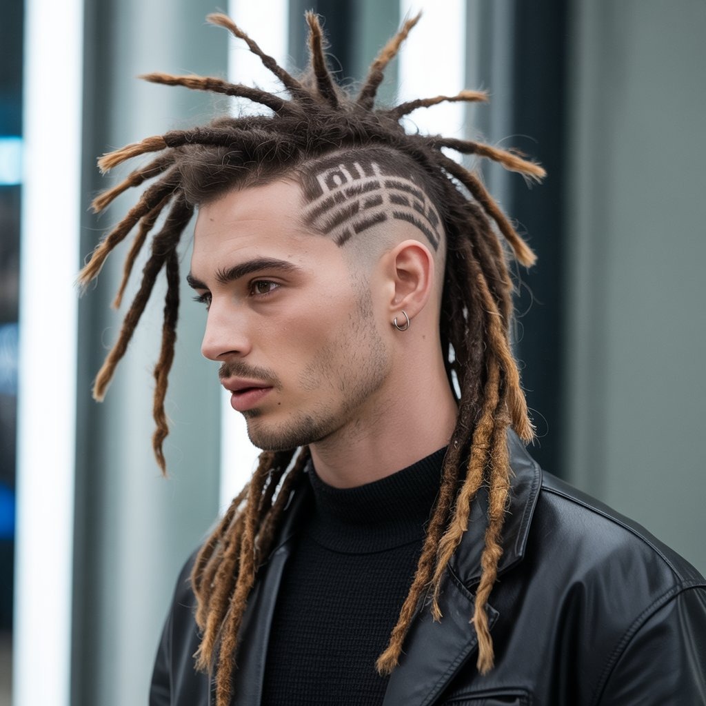 Bold male model with dreadlocks styled into a mohawk pattern, shaved sides with designs, futuristic outfit – avant-garde hairstyle look.