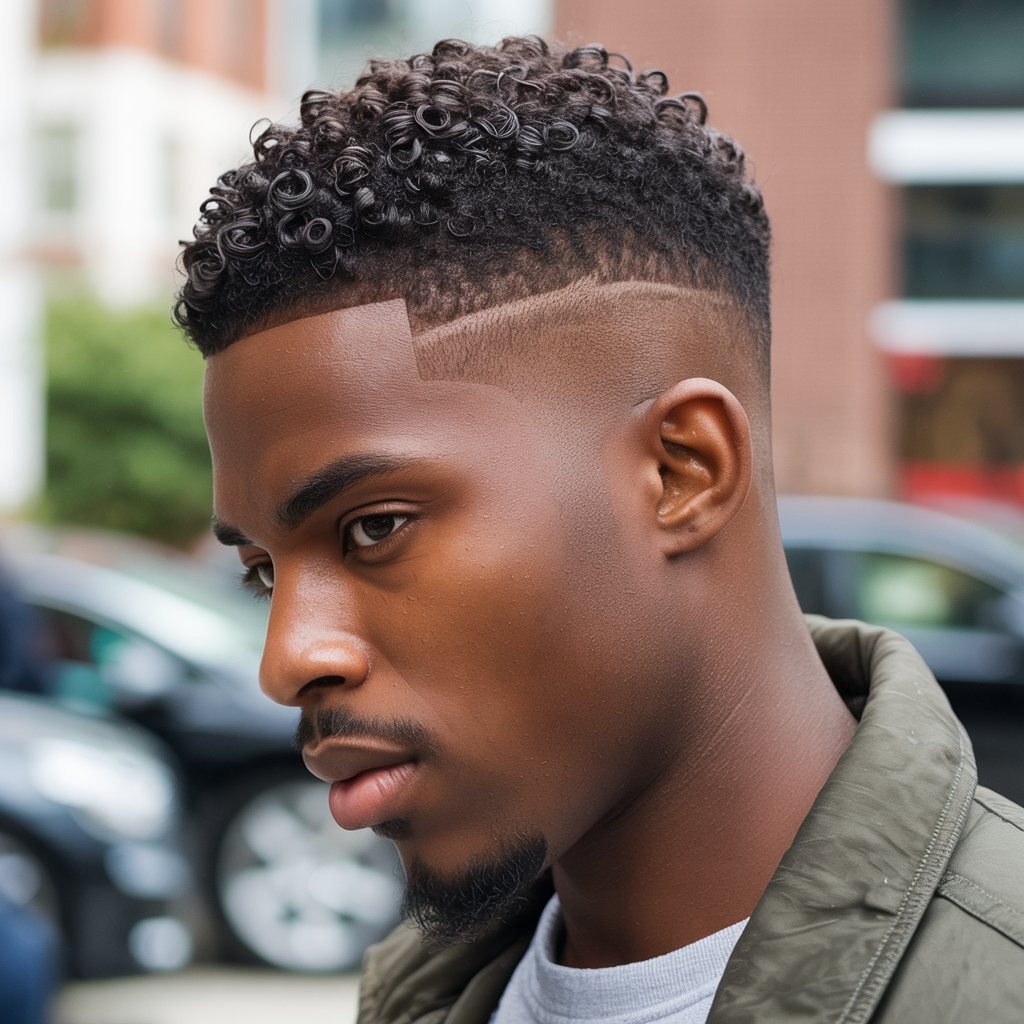 Black man with a high skin fade and defined curls on top, short length, edge up razor-sharp, wearing a casual jacket or sweatshirt, natural lighting – fresh fade with curly crown detail emphasized for modern fashion style.
