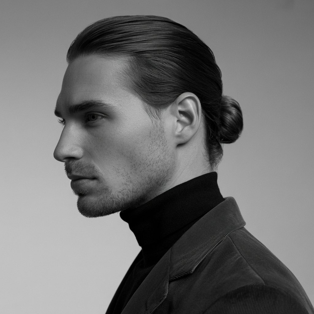 Stylish man with long hair pulled into a neat low bun, side part visible, wearing a suit jacket or high-neck sweater – minimalist studio fashion portrait.