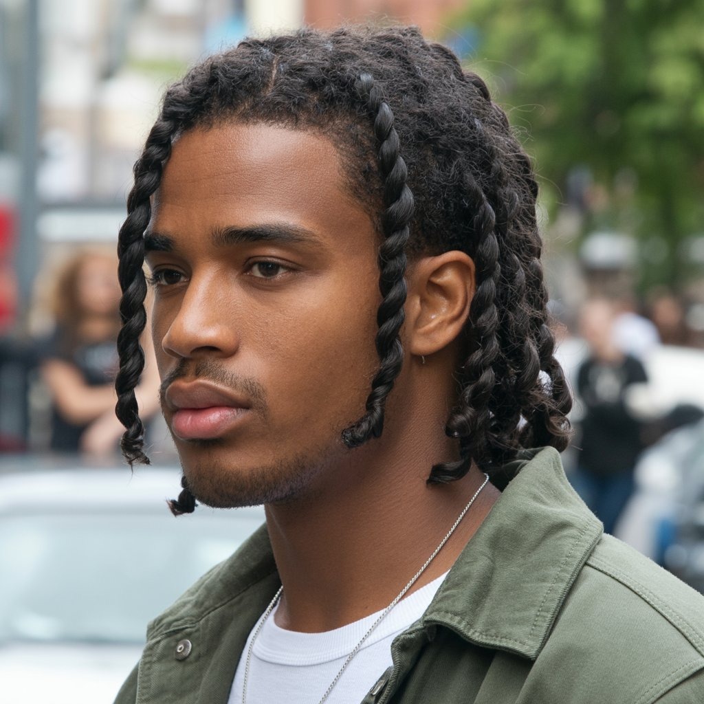 Black male model with shoulder-length two-strand twists, natural texture, clean parting, casual streetwear, soft lighting – timeless twist braid look.