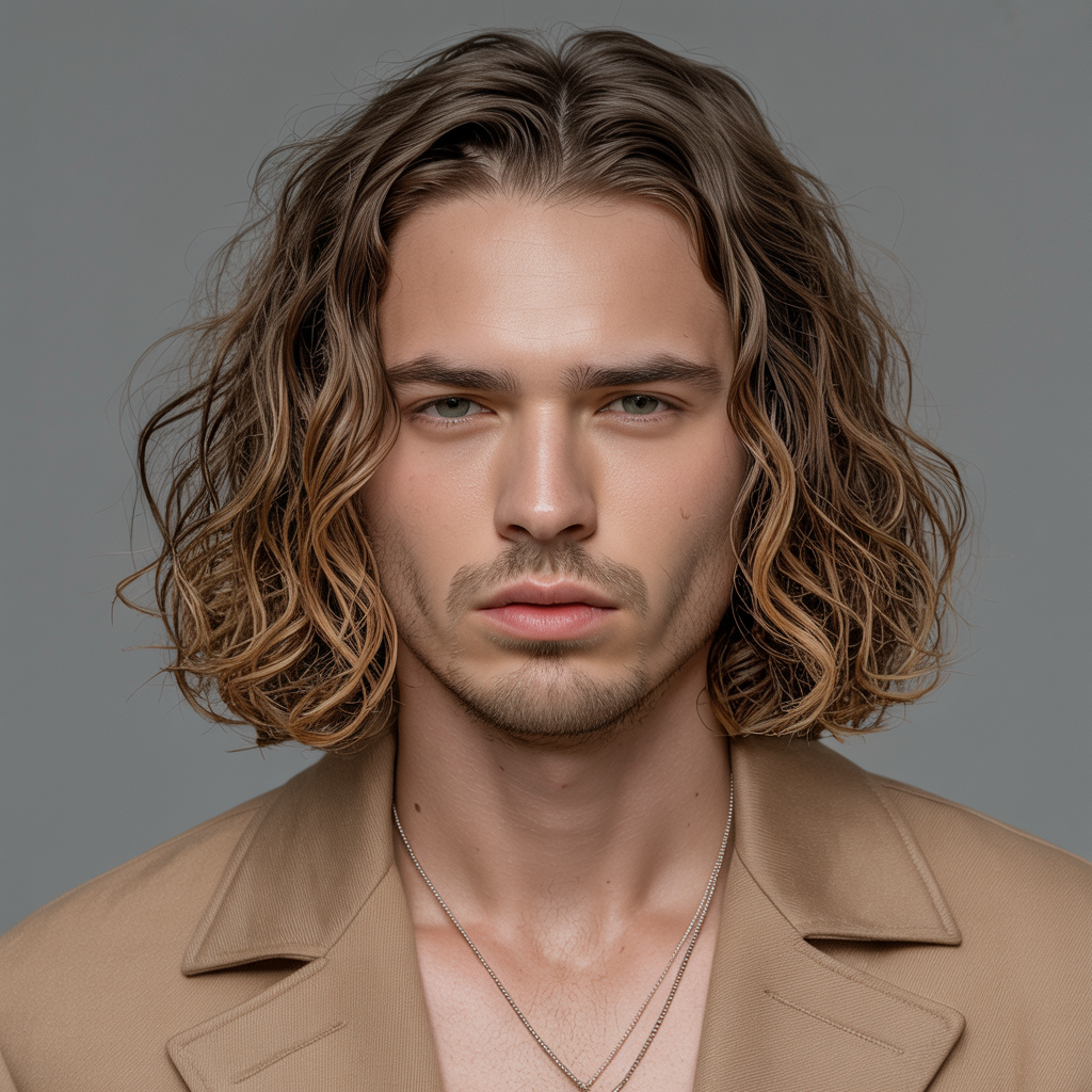 Male model with shoulder-length wavy lob haircut, middle part, wearing neutral tones, editorial studio lighting – fashion-forward long bob for men.