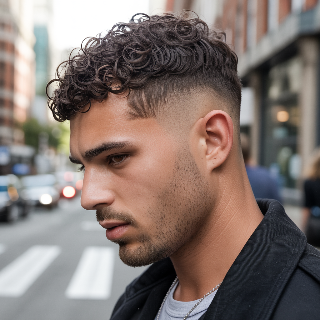 Man with tight, glossy curls and a sharp temple fade, casual streetwear, close-up side angle – stylish curly haircut inspiration.