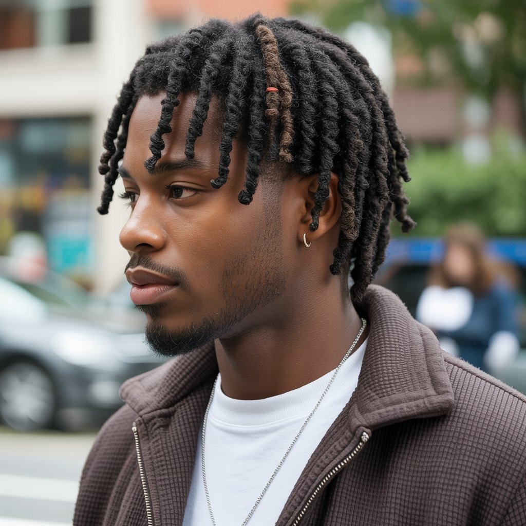 Black male model with straight-back cornrows adorned with wooden and metallic beads, medium length, dressed in earthy-toned boho streetwear, golden hour lighting – cultural meets contemporary hairstyle with natural textures and accessory detail.