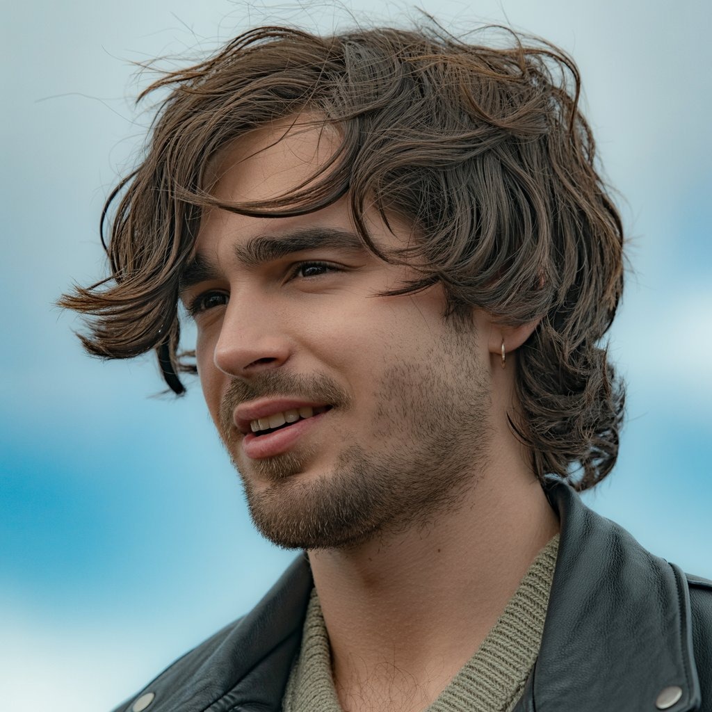Young man with thick, flowing waves cut to chin-length, windblown natural texture, wearing a leather jacket – cinematic feel portrait.
